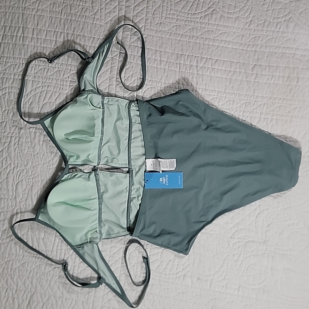 Women's Green One Piece Swimsuit with Unique Cutouts and Structured Bustier - Picture 2 of 11